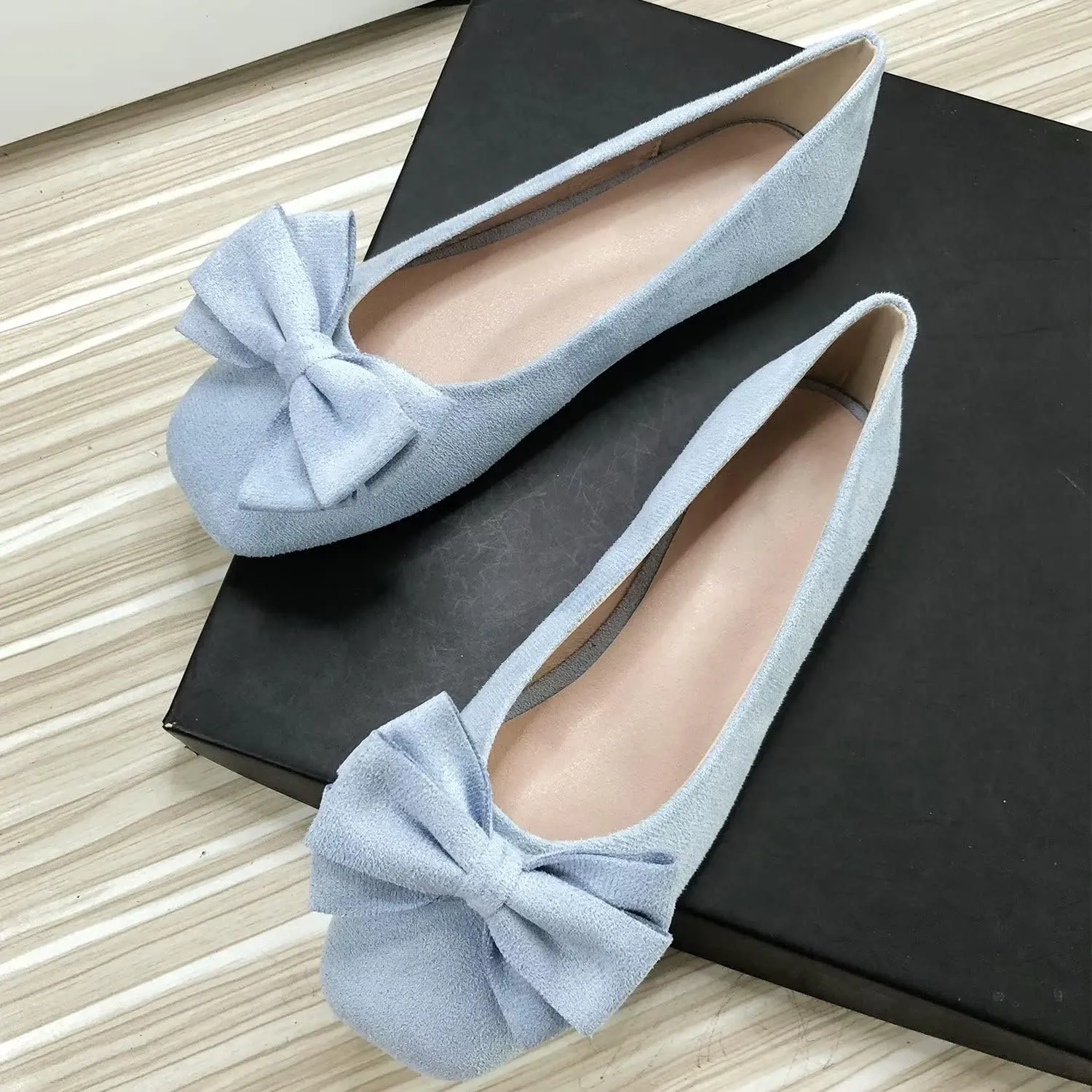 Hee grand Bow-Knot Ballet Flats Womens Square Toe Flat Shoes Suede Dress Shoes Casual Light Weight Slip-On Loafers