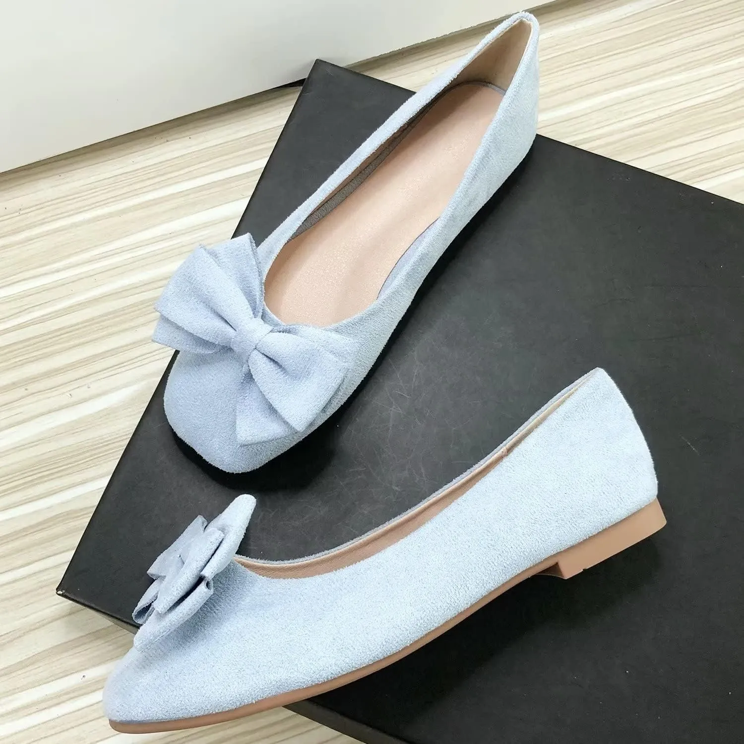 Hee grand Bow-Knot Ballet Flats Womens Square Toe Flat Shoes Suede Dress Shoes Casual Light Weight Slip-On Loafers