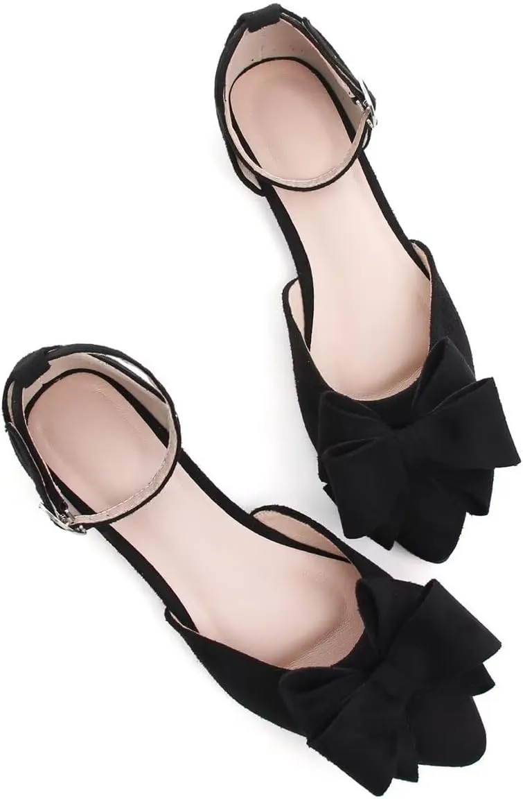 Hee grand Bowknot Flats for Women Closed Pointed Toe Ankle Strap Ballet Flats Suede Dressy Sandals Comfortable Light Weight Office Work Shoes