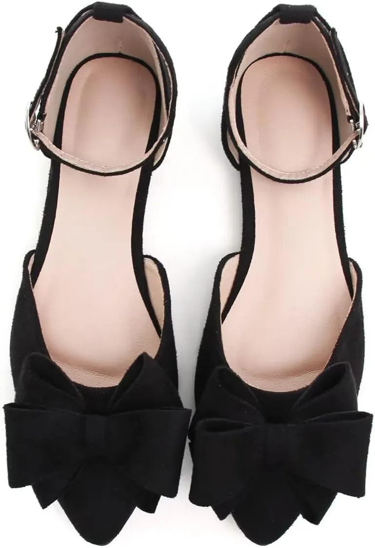 Hee grand Bowknot Flats for Women Closed Pointed Toe Ankle Strap Ballet Flats Suede Dressy Sandals Comfortable Light Weight Office Work Shoes