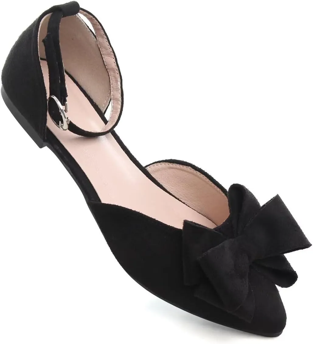 Hee grand Bowknot Flats for Women Closed Pointed Toe Ankle Strap Ballet Flats Suede Dressy Sandals Comfortable Light Weight Office Work Shoes