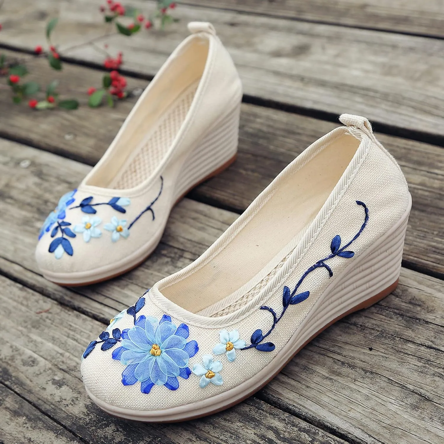Hee grand Women Wedges Heeled Shoes Chinese Style Embroidered Shoes Comfort Cotton and Linen Slip On Walking Shoes