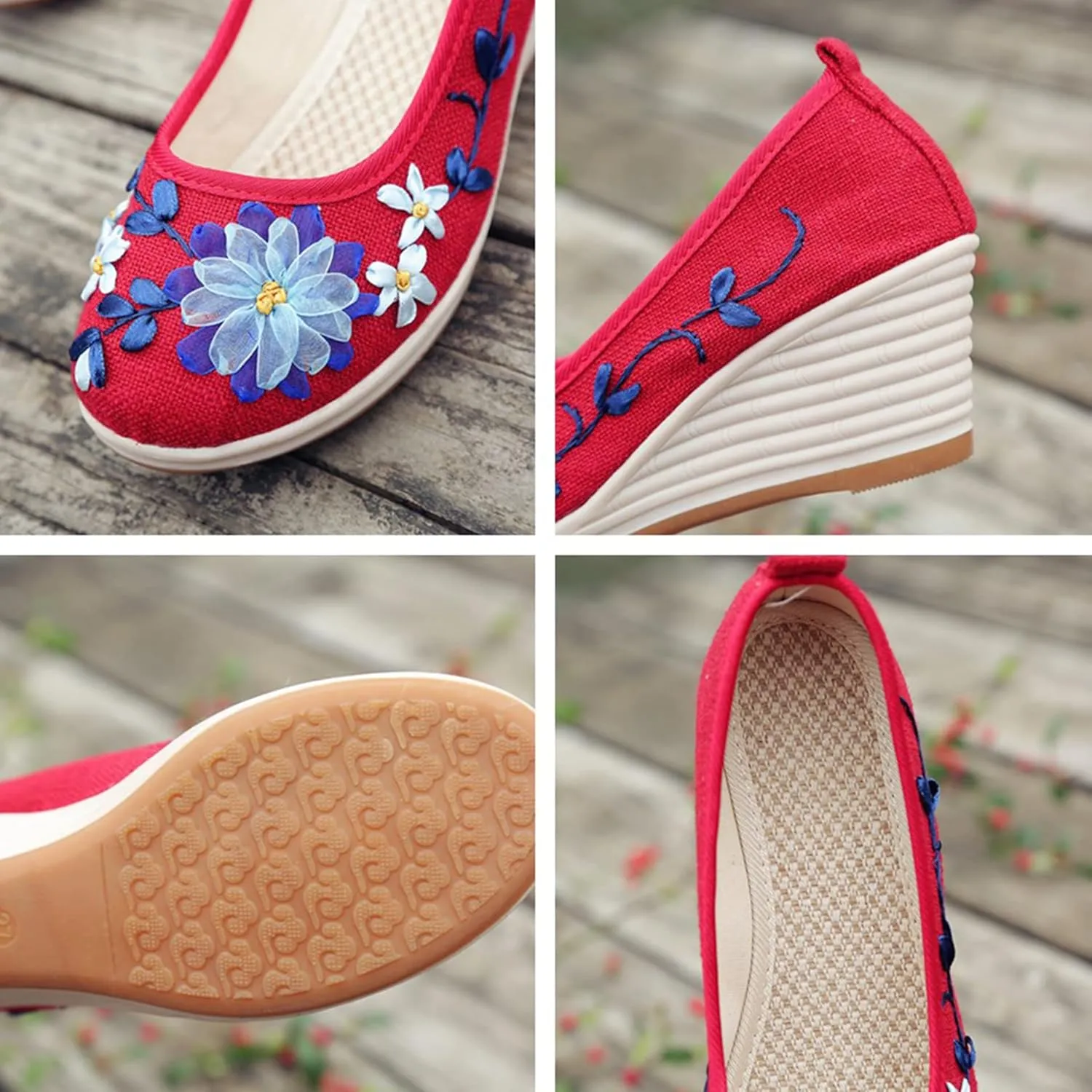 Hee grand Women Wedges Heeled Shoes Chinese Style Embroidered Shoes Comfort Cotton and Linen Slip On Walking Shoes