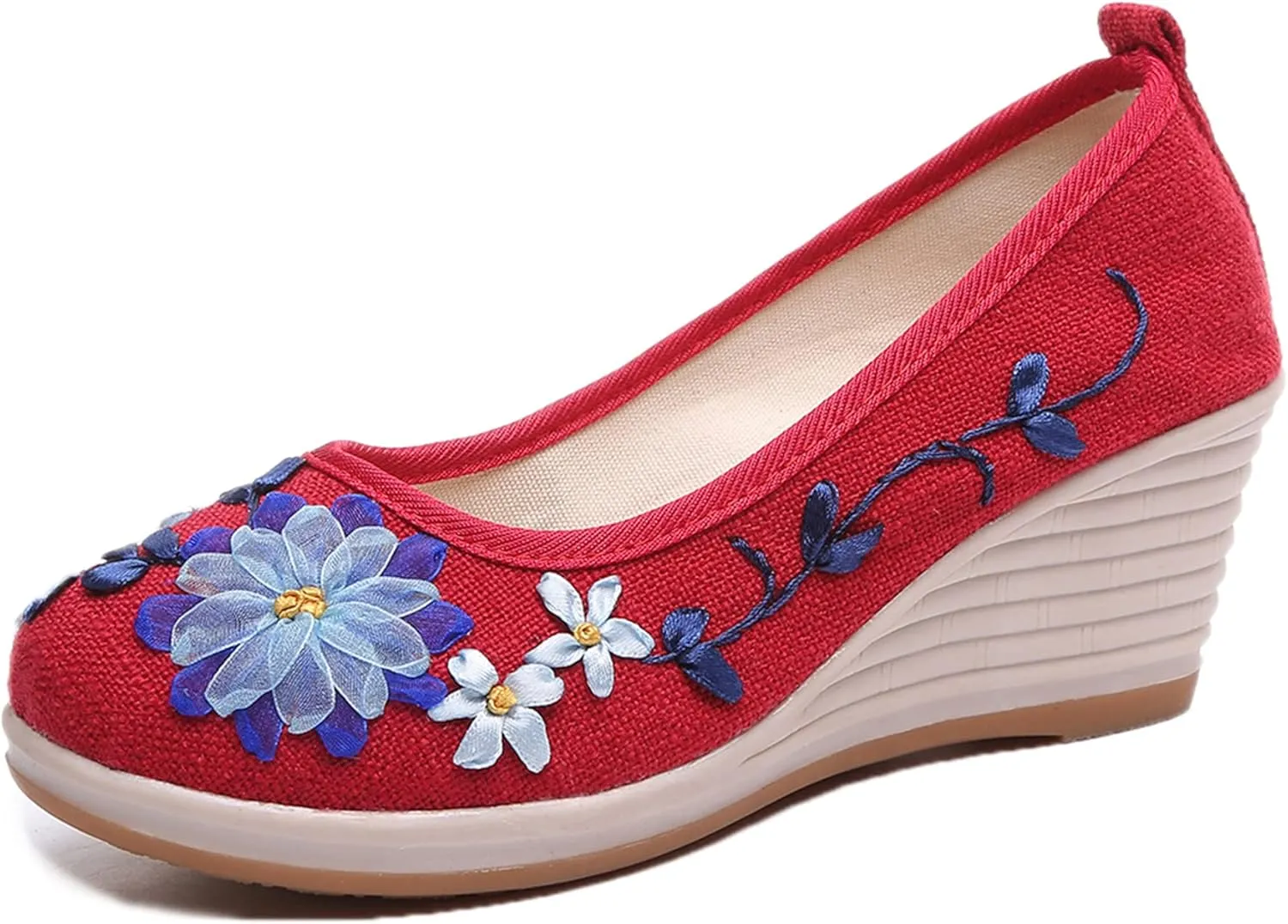 Hee grand Women Wedges Heeled Shoes Chinese Style Embroidered Shoes Comfort Cotton and Linen Slip On Walking Shoes