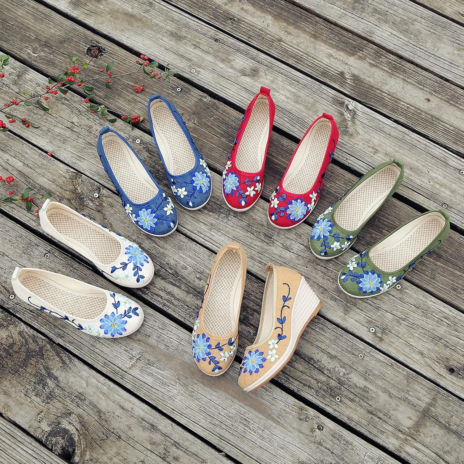 Hee grand Women Wedges Heeled Shoes Chinese Style Embroidered Shoes Comfort Cotton and Linen Slip On Walking Shoes
