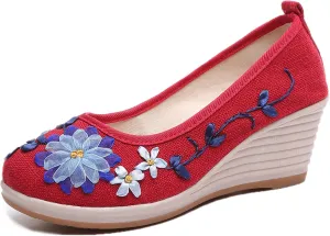 Hee grand Women Wedges Heeled Shoes Chinese Style Embroidered Shoes Comfort Cotton and Linen Slip On Walking Shoes