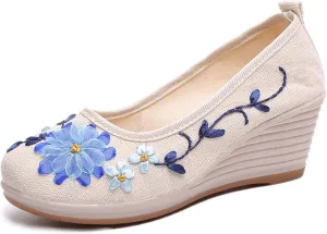 Hee grand Women Wedges Heeled Shoes Chinese Style Embroidered Shoes Comfort Cotton and Linen Slip On Walking Shoes
