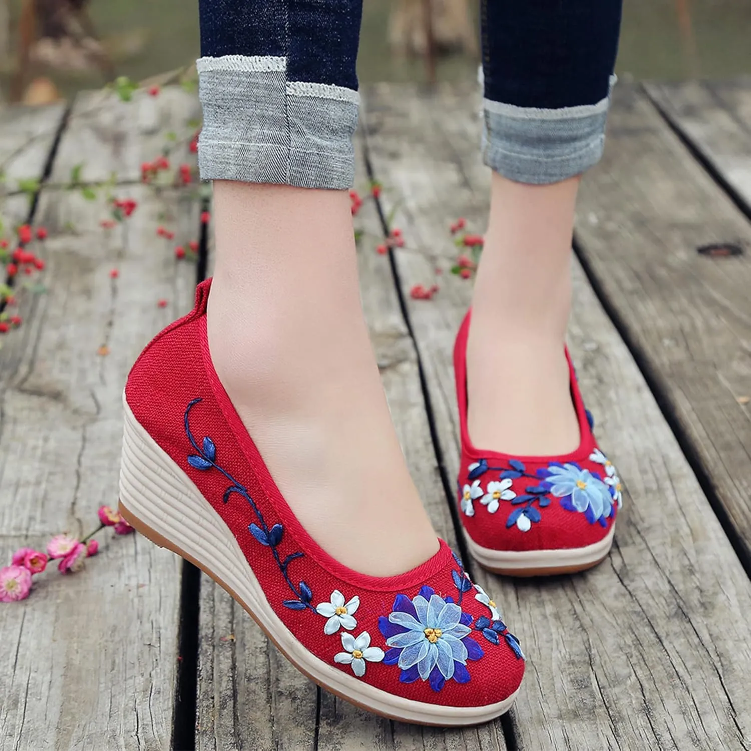 Hee grand Women Wedges Heeled Shoes Chinese Style Embroidered Shoes Comfort Cotton and Linen Slip On Walking Shoes