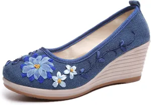Hee grand Women Wedges Heeled Shoes Chinese Style Embroidered Shoes Comfort Cotton and Linen Slip On Walking Shoes