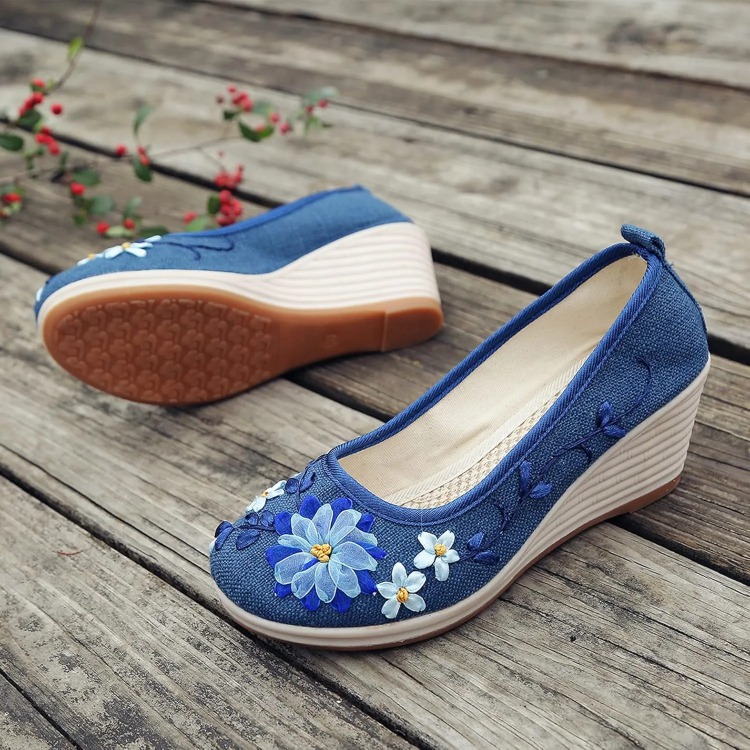 Hee grand Women Wedges Heeled Shoes Chinese Style Embroidered Shoes Comfort Cotton and Linen Slip On Walking Shoes