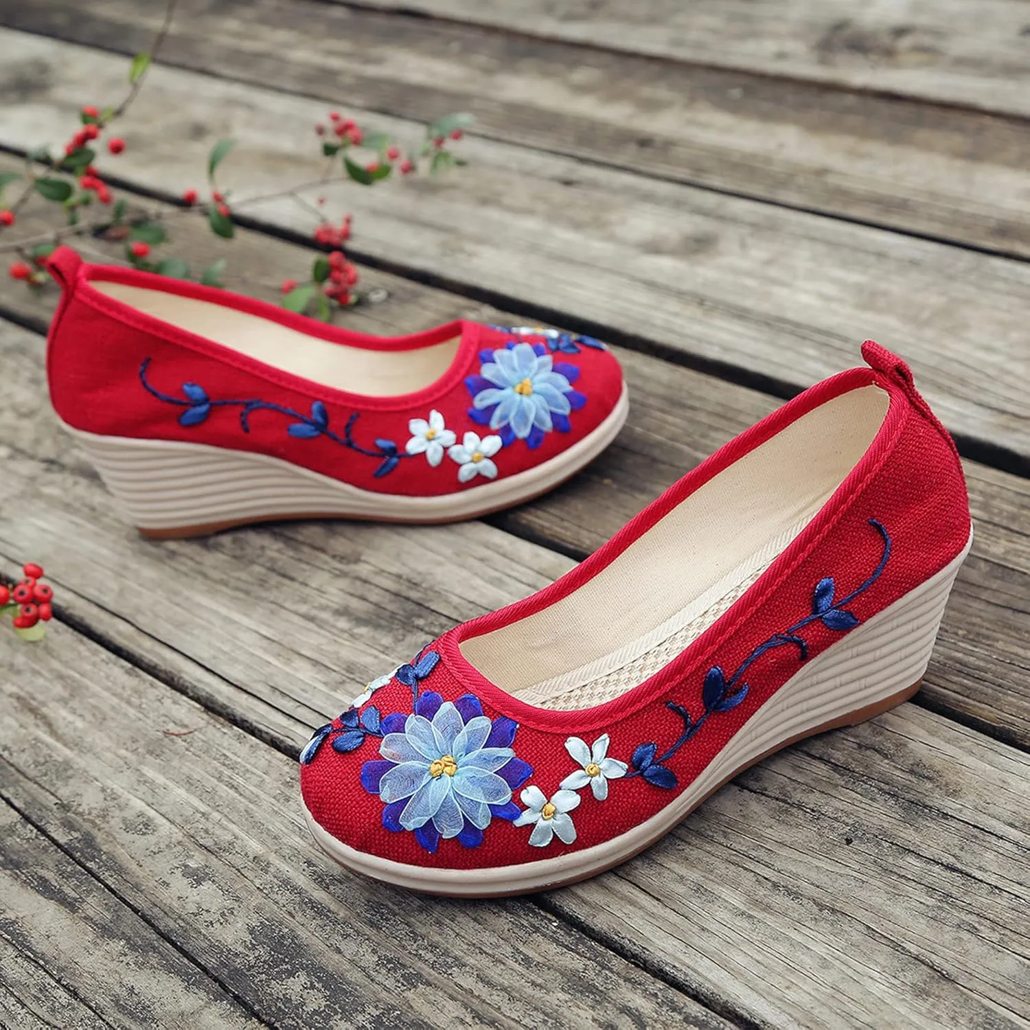 Hee grand Women Wedges Heeled Shoes Chinese Style Embroidered Shoes Comfort Cotton and Linen Slip On Walking Shoes