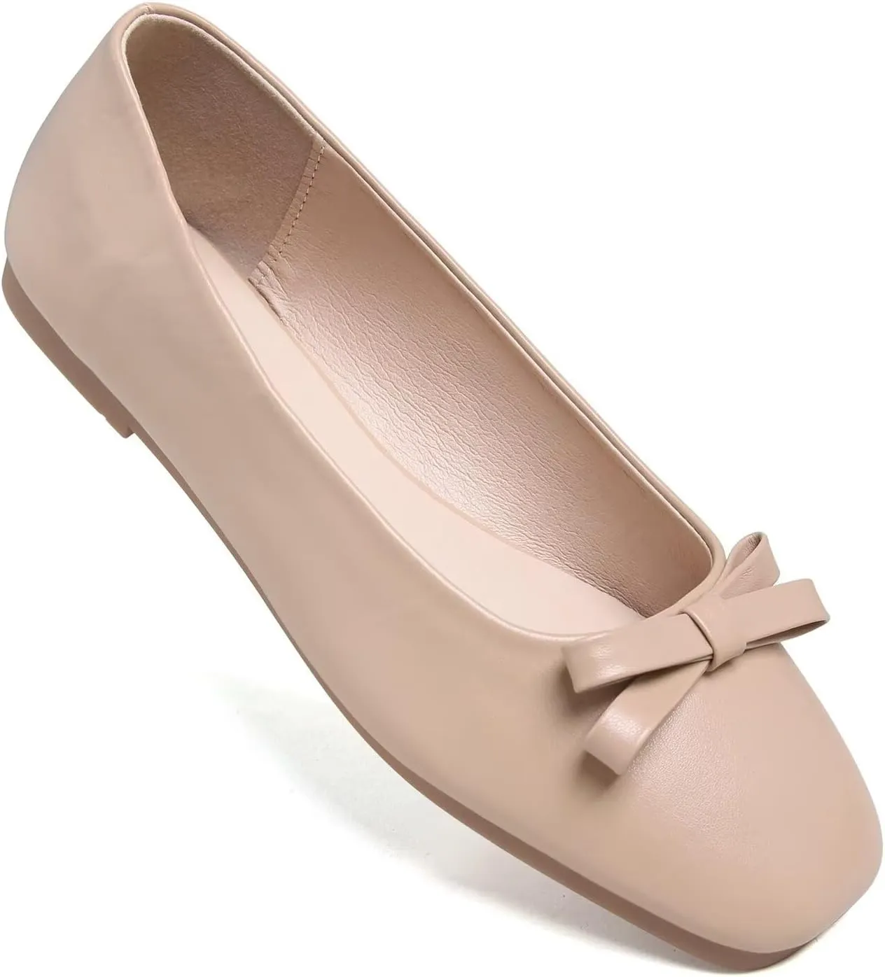 Hee grand Womens Bowknot Square Toe Ballet Flats Casual Slip-On Loafers Comfort Light Weight Walking Flats PU Leather Dress Shoes