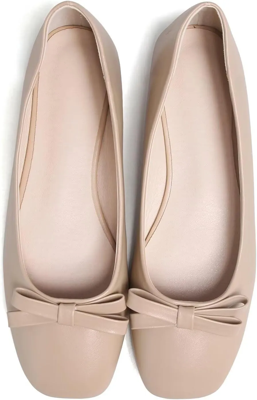 Hee grand Womens Bowknot Square Toe Ballet Flats Casual Slip-On Loafers Comfort Light Weight Walking Flats PU Leather Dress Shoes