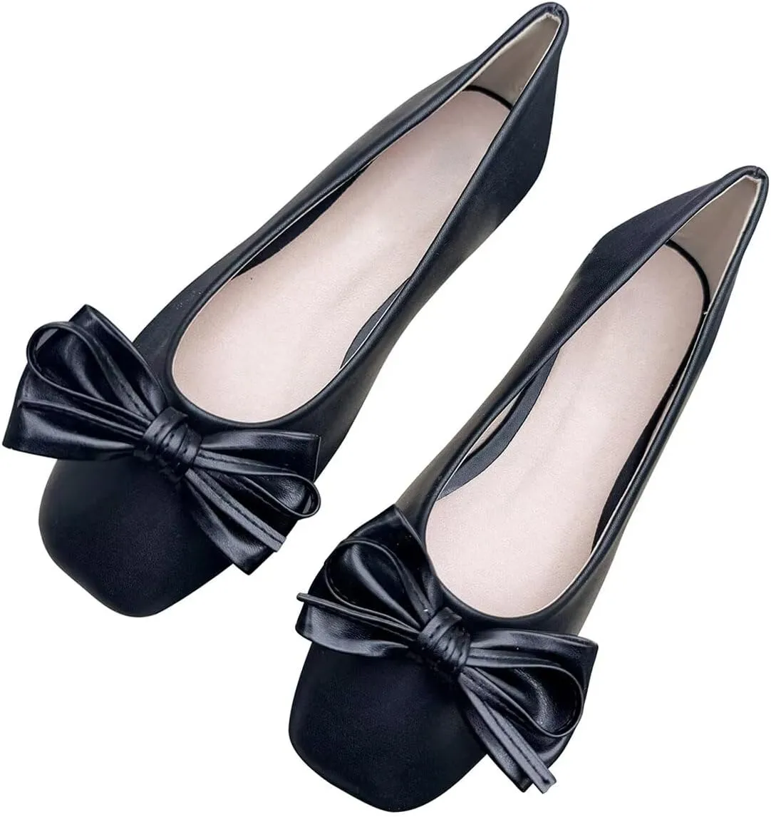 Hee grand Womens Bowknot Square Toe Ballet Flats Casual Slip-On Loafers Comfort Light Weight Walking Flats PU Leather Dress Shoes