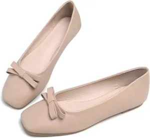 Hee grand Womens Bowknot Square Toe Ballet Flats Casual Slip-On Loafers Comfort Light Weight Walking Flats PU Leather Dress Shoes