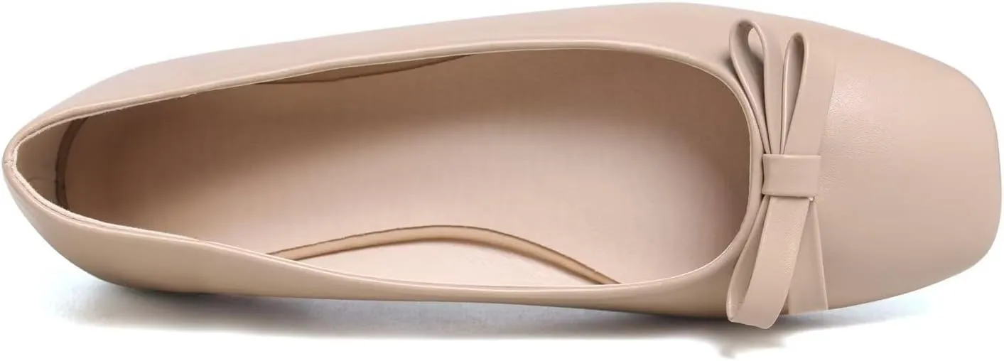 Hee grand Womens Bowknot Square Toe Ballet Flats Casual Slip-On Loafers Comfort Light Weight Walking Flats PU Leather Dress Shoes