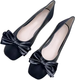 Hee grand Womens Bowknot Square Toe Ballet Flats Casual Slip-On Loafers Comfort Light Weight Walking Flats PU Leather Dress Shoes