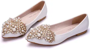 Hee grand Women's Crystal White Wedding Shoes Rhinestone Beaded Pointed Toe Slip On Ballet Flats Shoes for Bride and Bridesmaid