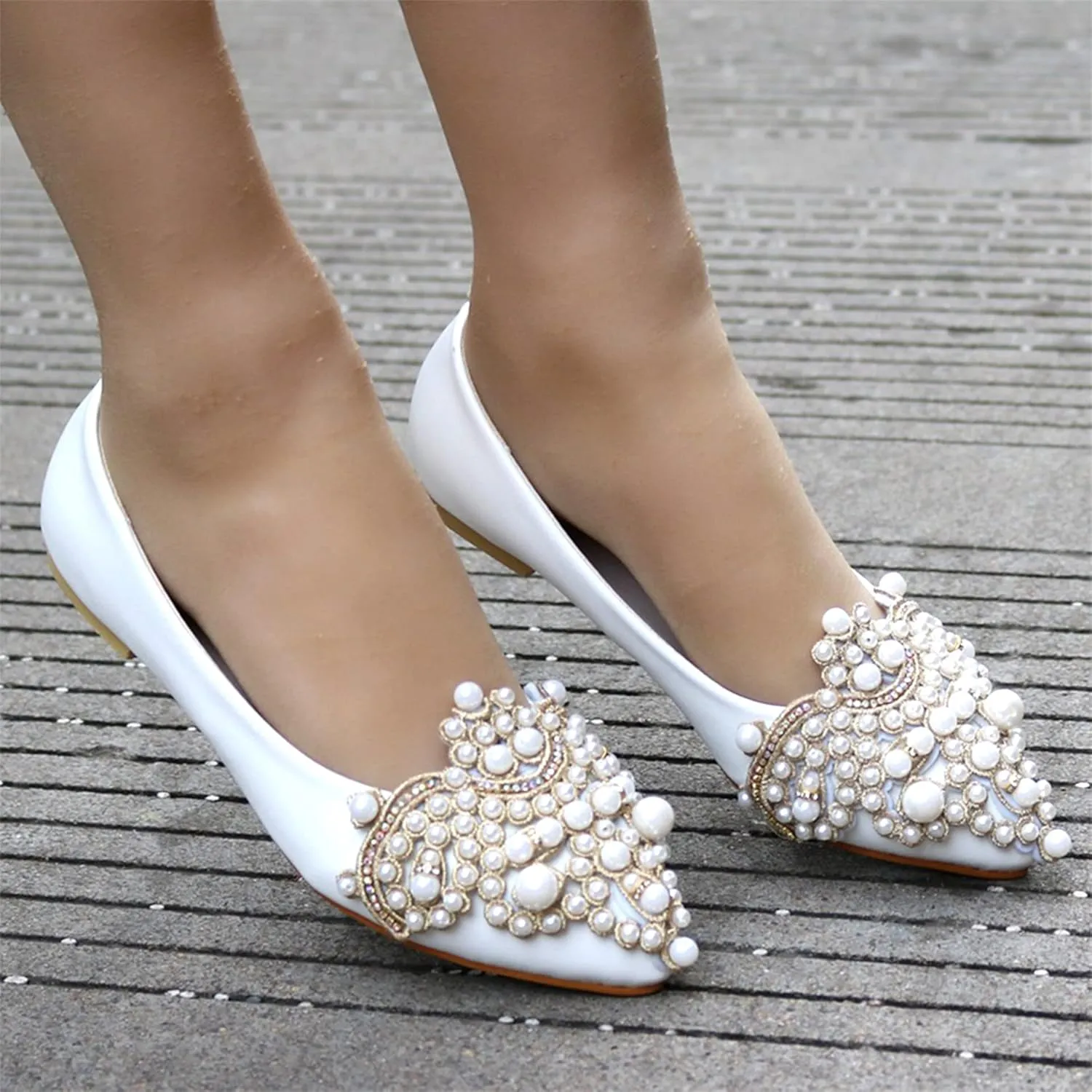 Hee grand Women's Crystal White Wedding Shoes Rhinestone Beaded Pointed Toe Slip On Ballet Flats Shoes for Bride and Bridesmaid