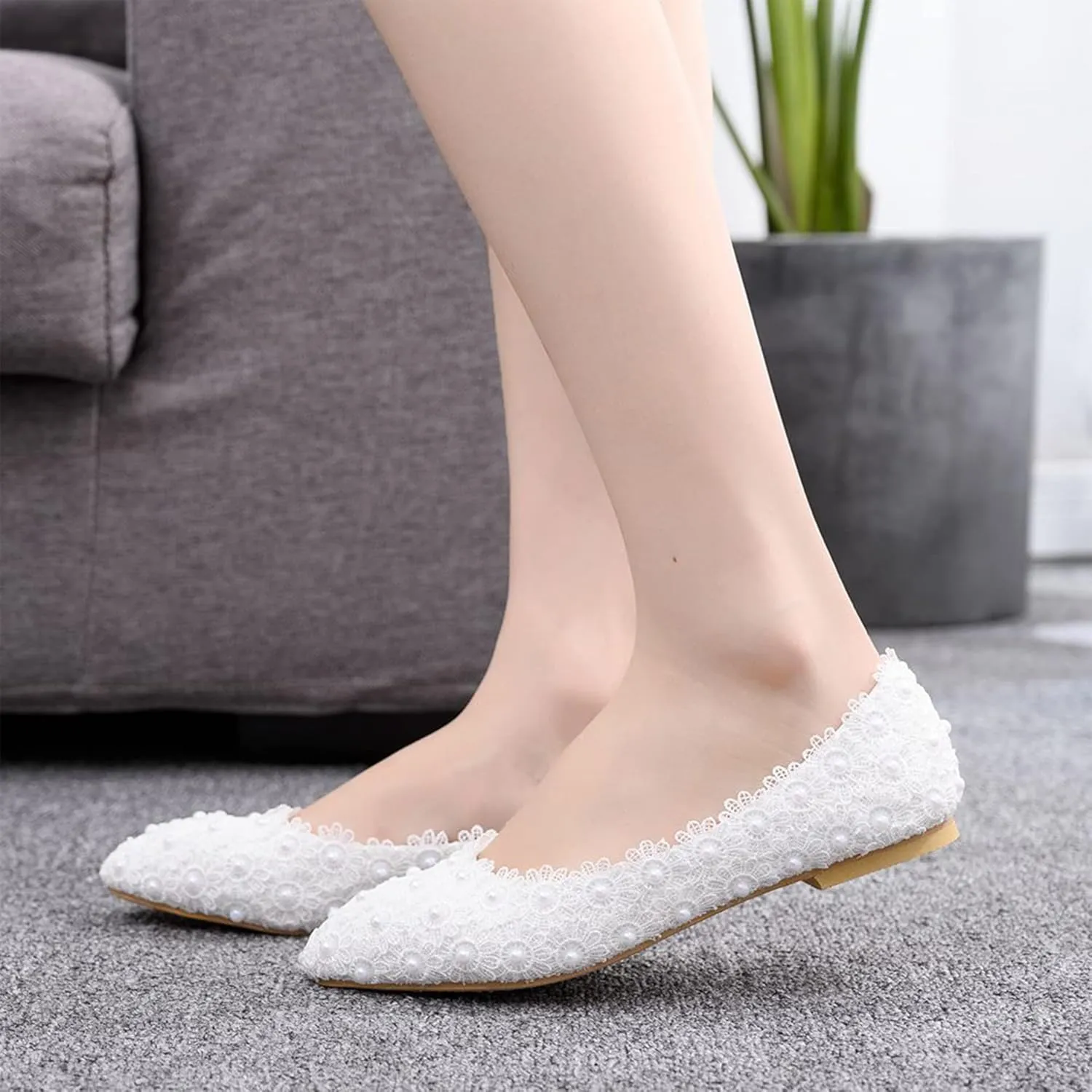 Hee grand Women's Crystal White Wedding Shoes Rhinestone Beaded Pointed Toe Slip On Ballet Flats Shoes for Bride and Bridesmaid