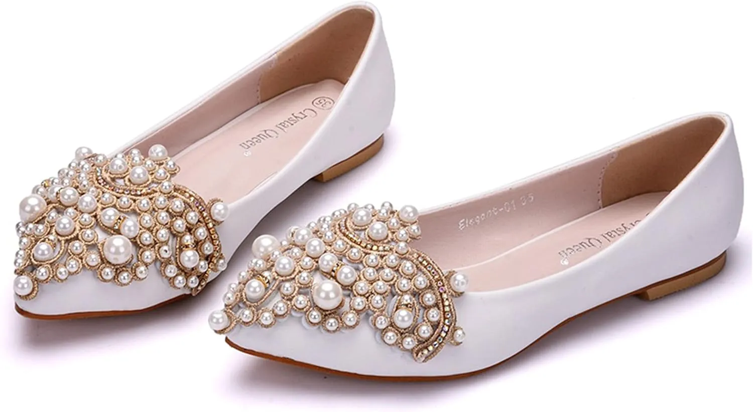 Hee grand Women's Crystal White Wedding Shoes Rhinestone Beaded Pointed Toe Slip On Ballet Flats Shoes for Bride and Bridesmaid