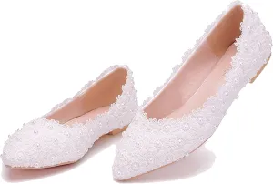 Hee grand Women's Crystal White Wedding Shoes Rhinestone Beaded Pointed Toe Slip On Ballet Flats Shoes for Bride and Bridesmaid