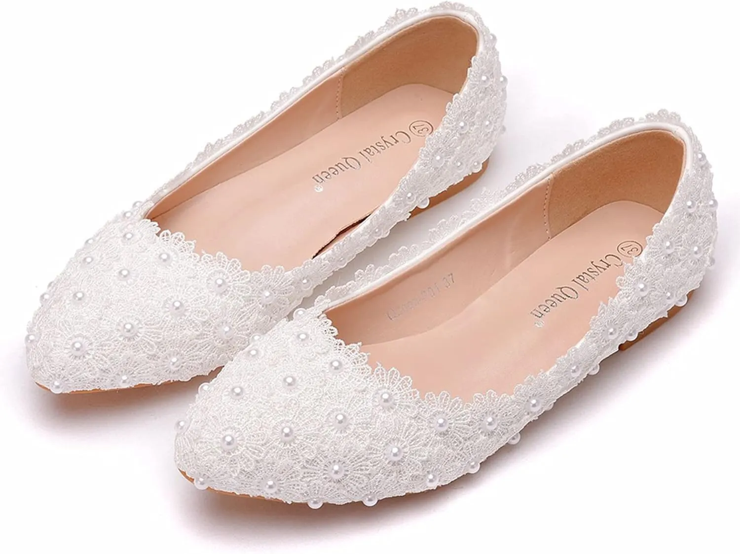 Hee grand Women's Crystal White Wedding Shoes Rhinestone Beaded Pointed Toe Slip On Ballet Flats Shoes for Bride and Bridesmaid
