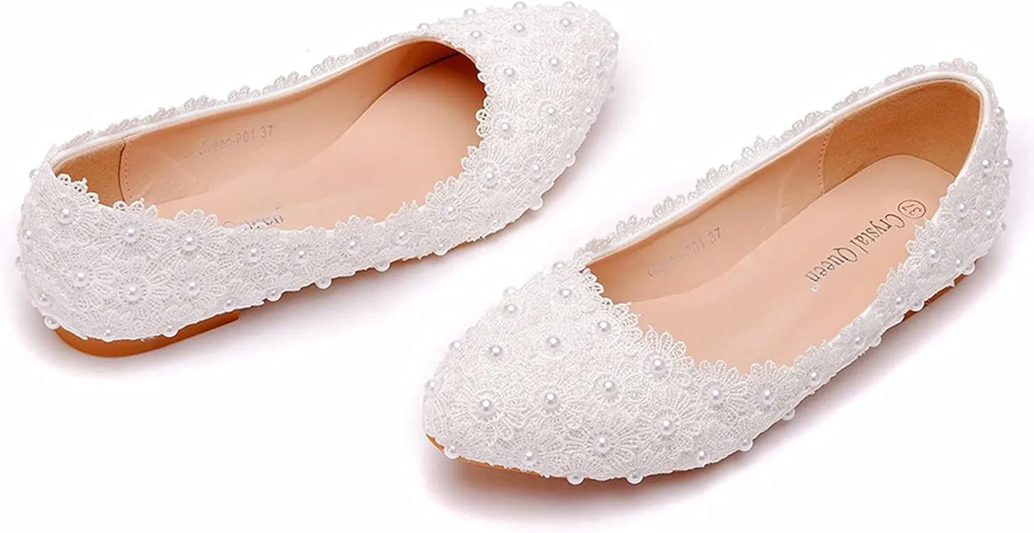 Hee grand Women's Crystal White Wedding Shoes Rhinestone Beaded Pointed Toe Slip On Ballet Flats Shoes for Bride and Bridesmaid