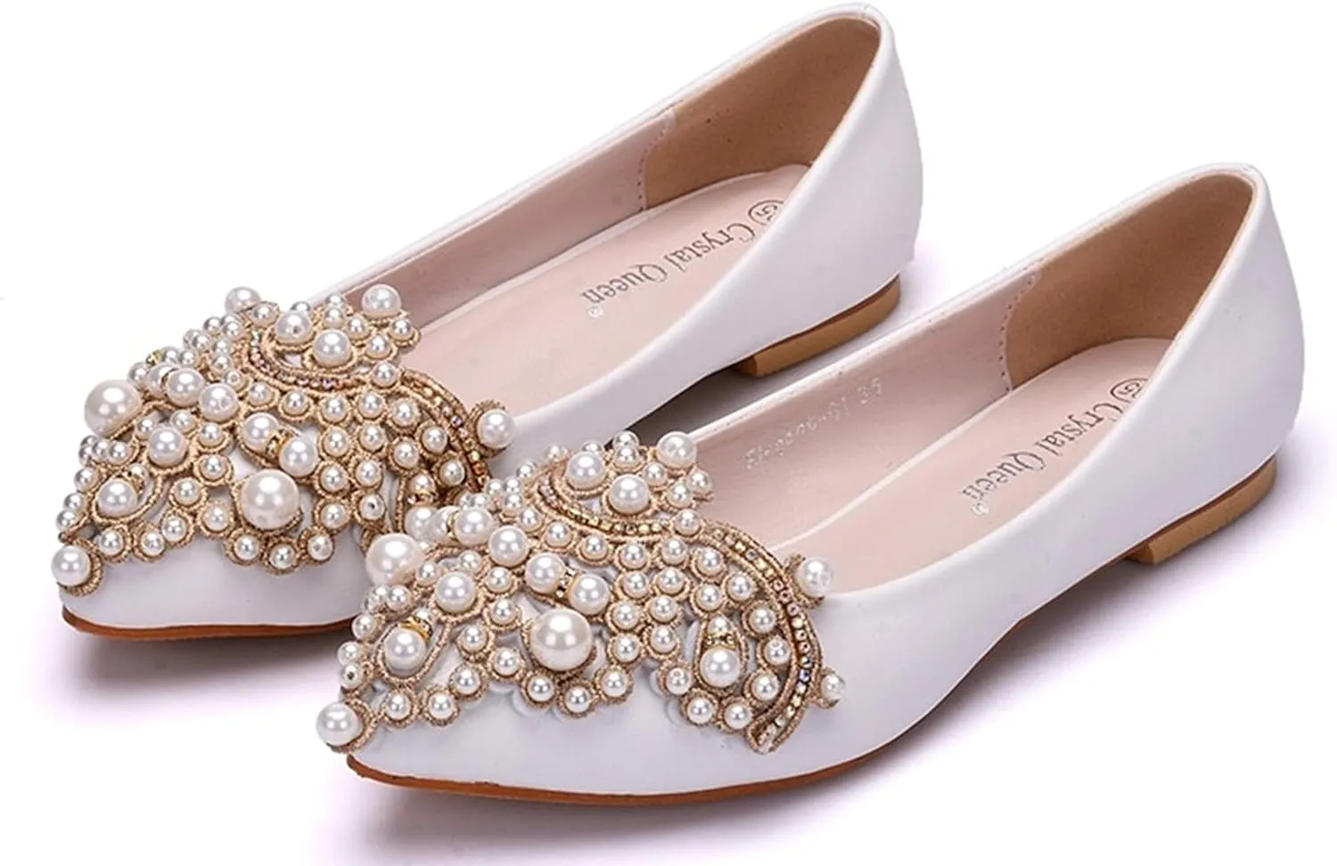 Hee grand Women's Crystal White Wedding Shoes Rhinestone Beaded Pointed Toe Slip On Ballet Flats Shoes for Bride and Bridesmaid