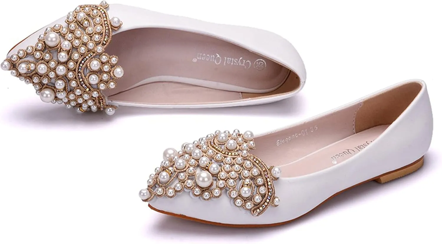 Hee grand Women's Crystal White Wedding Shoes Rhinestone Beaded Pointed Toe Slip On Ballet Flats Shoes for Bride and Bridesmaid