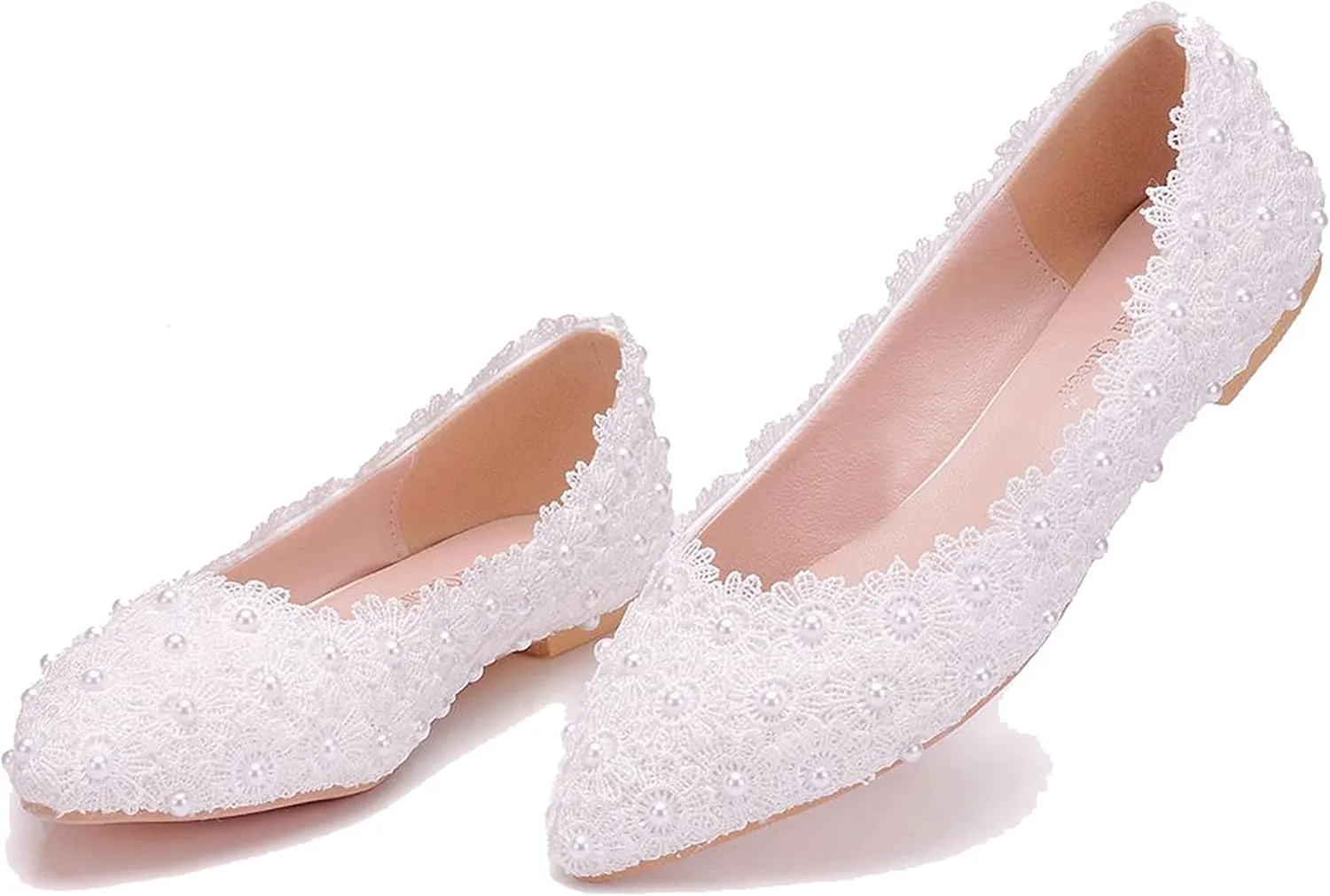 Hee grand Women's Crystal White Wedding Shoes Rhinestone Beaded Pointed Toe Slip On Ballet Flats Shoes for Bride and Bridesmaid