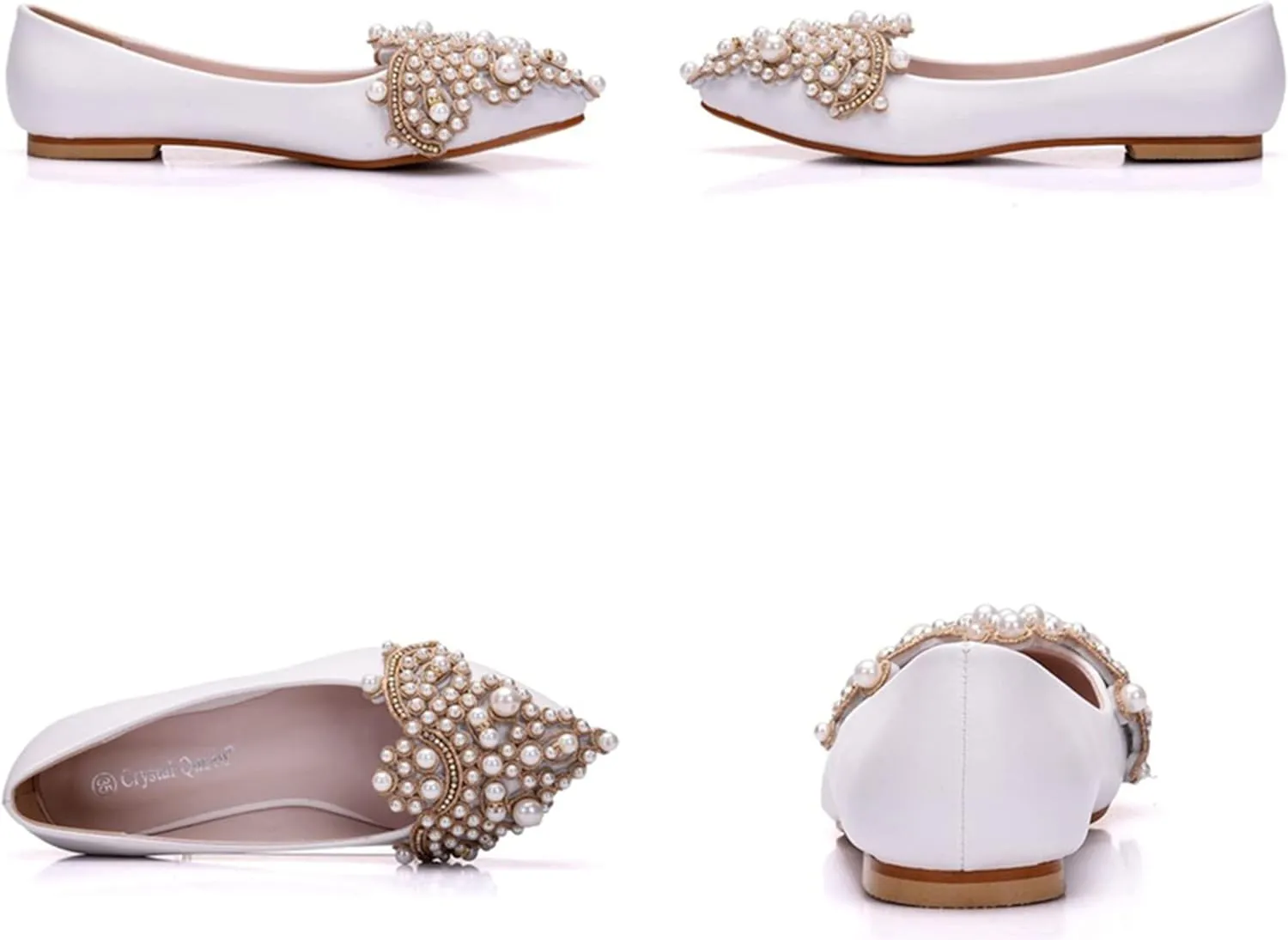 Hee grand Women's Crystal White Wedding Shoes Rhinestone Beaded Pointed Toe Slip On Ballet Flats Shoes for Bride and Bridesmaid
