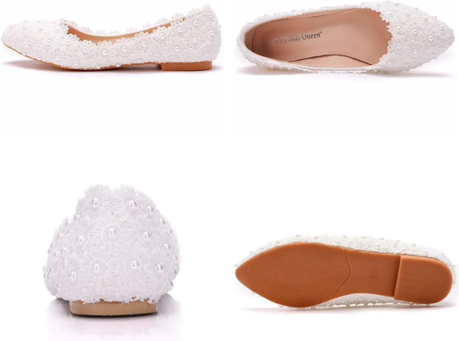Hee grand Women's Crystal White Wedding Shoes Rhinestone Beaded Pointed Toe Slip On Ballet Flats Shoes for Bride and Bridesmaid