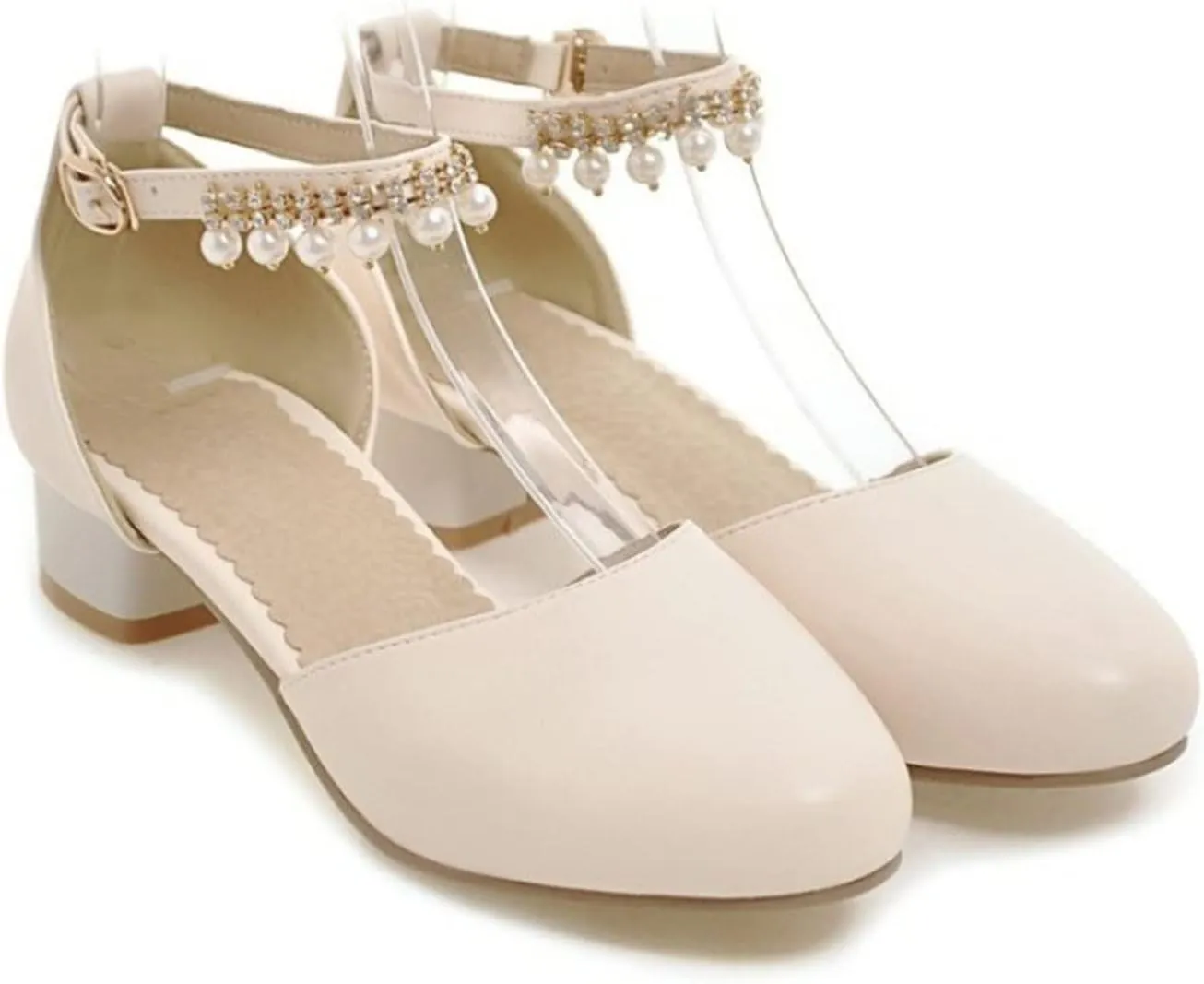 High Heel Closed Pointed Toe Sandals for Girls Kids Ankle Strap Beaded Pearl Formal Shoes Fancy Wedding Basic