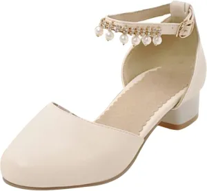 High Heel Closed Pointed Toe Sandals for Girls Kids Ankle Strap Beaded Pearl Formal Shoes Fancy Wedding Basic