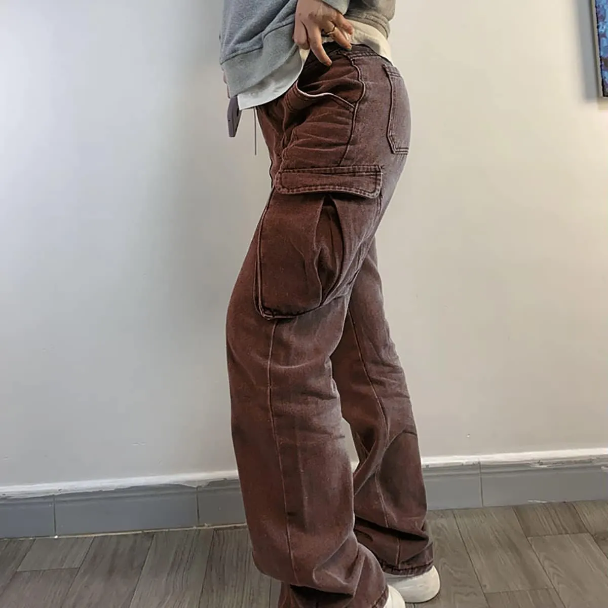 High Rise Boyfriend Jeans for Women Y2K Baggy Straight Wide Leg Cargo Jeans Denim Pants Streetwear with Pockets