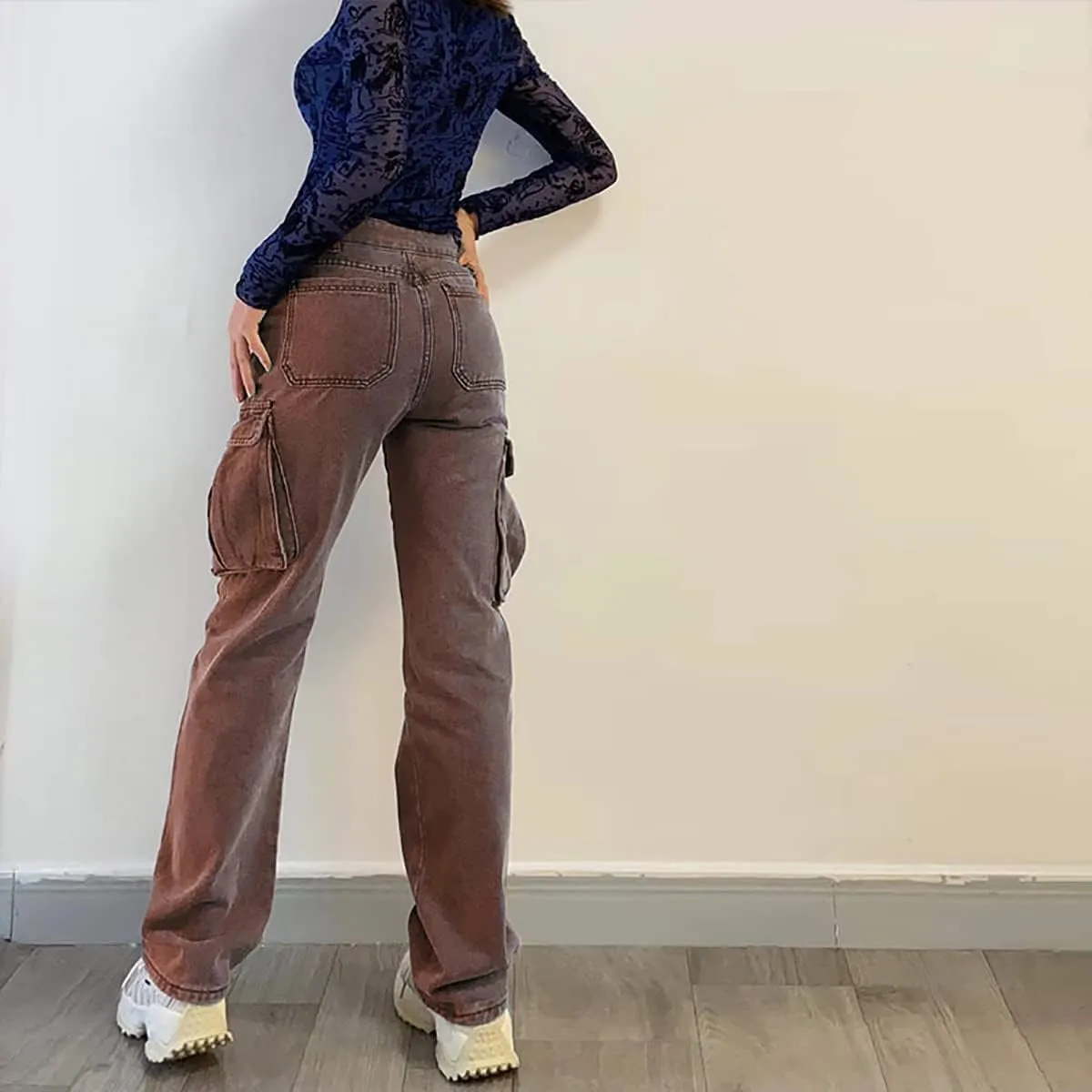 High Rise Boyfriend Jeans for Women Y2K Baggy Straight Wide Leg Cargo Jeans Denim Pants Streetwear with Pockets