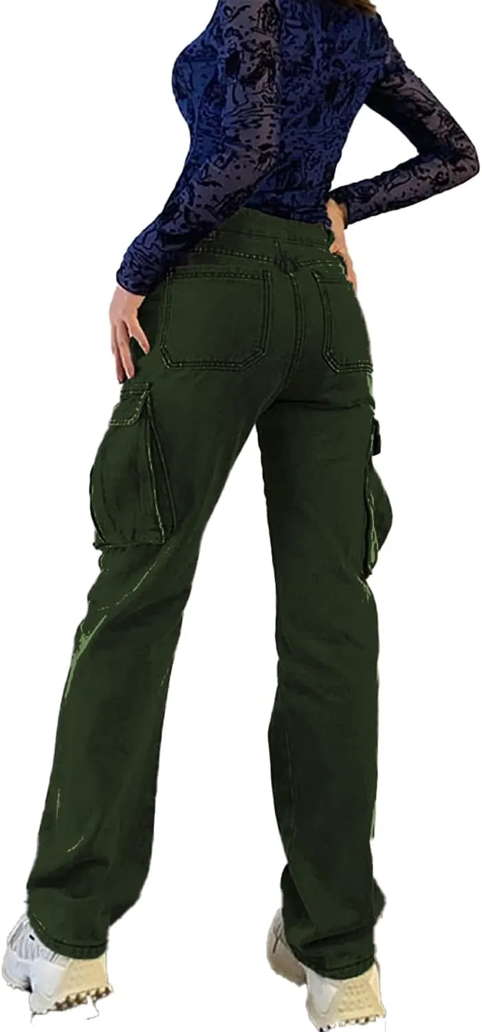 High Rise Boyfriend Jeans for Women Y2K Baggy Straight Wide Leg Cargo Jeans Denim Pants Streetwear with Pockets