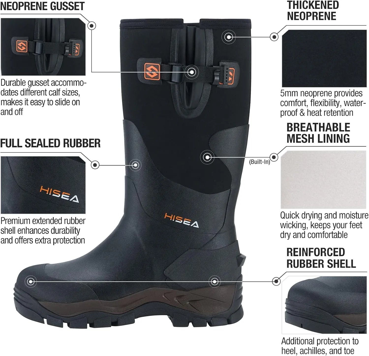 HISEA Rubber Hunting Boots for Men Waterproof Rain Boots for Mud Working Farming Fishing, Adjustable Calf