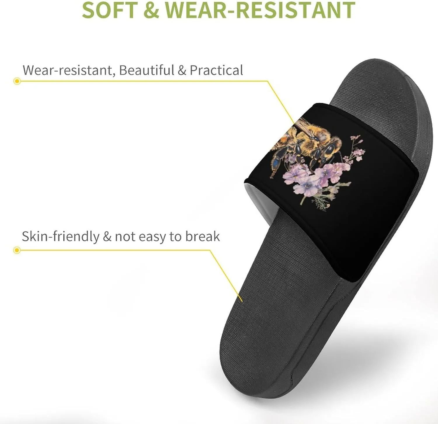 Honey Bee and Flowers Non Slip Slides Sandals for Women Men Quick Drying Shower Shoes for Bathroom Pool Beach