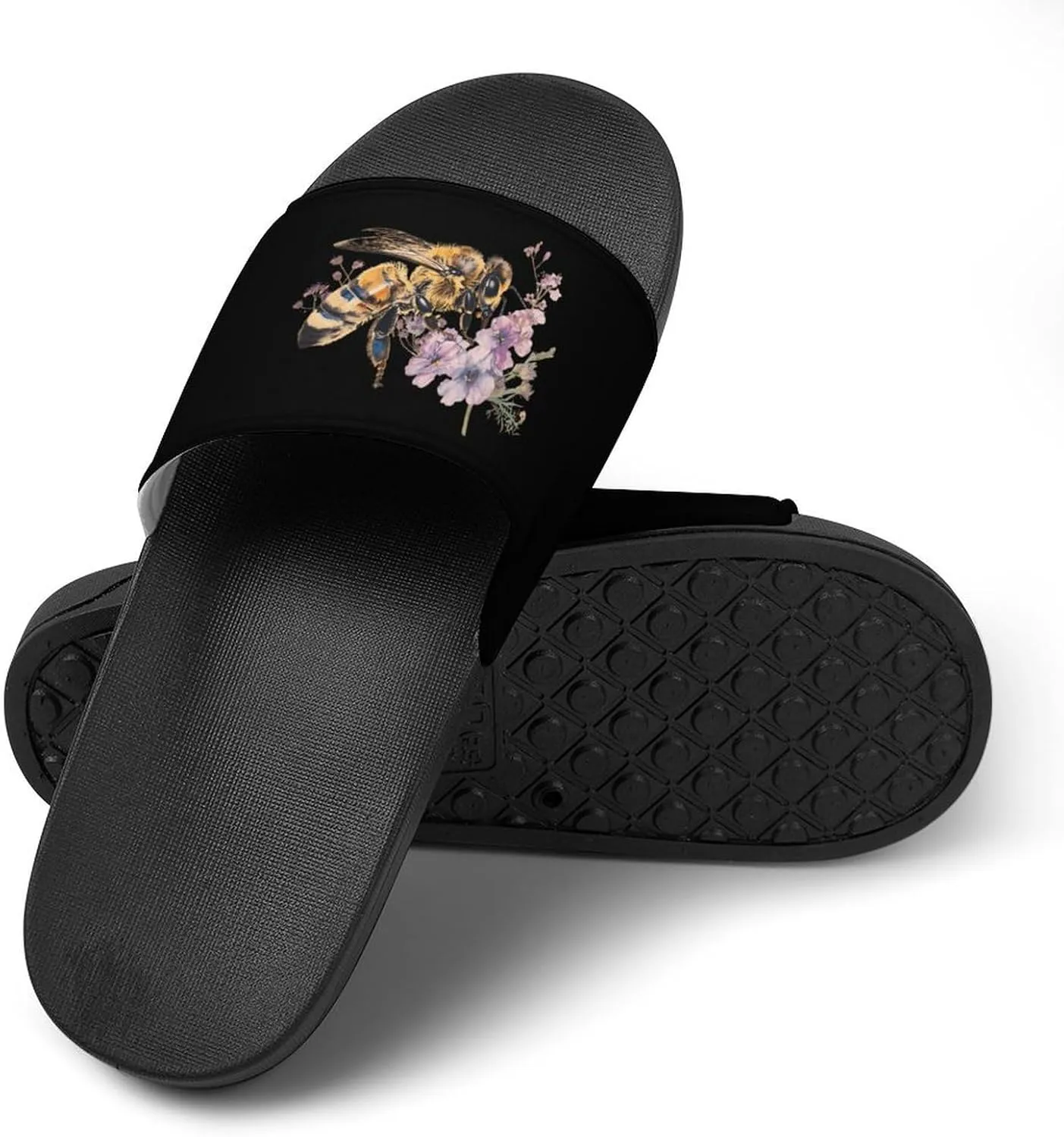 Honey Bee and Flowers Non Slip Slides Sandals for Women Men Quick Drying Shower Shoes for Bathroom Pool Beach