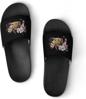 Honey Bee and Flowers Non Slip Slides Sandals for Women Men Quick Drying Shower Shoes for Bathroom Pool Beach