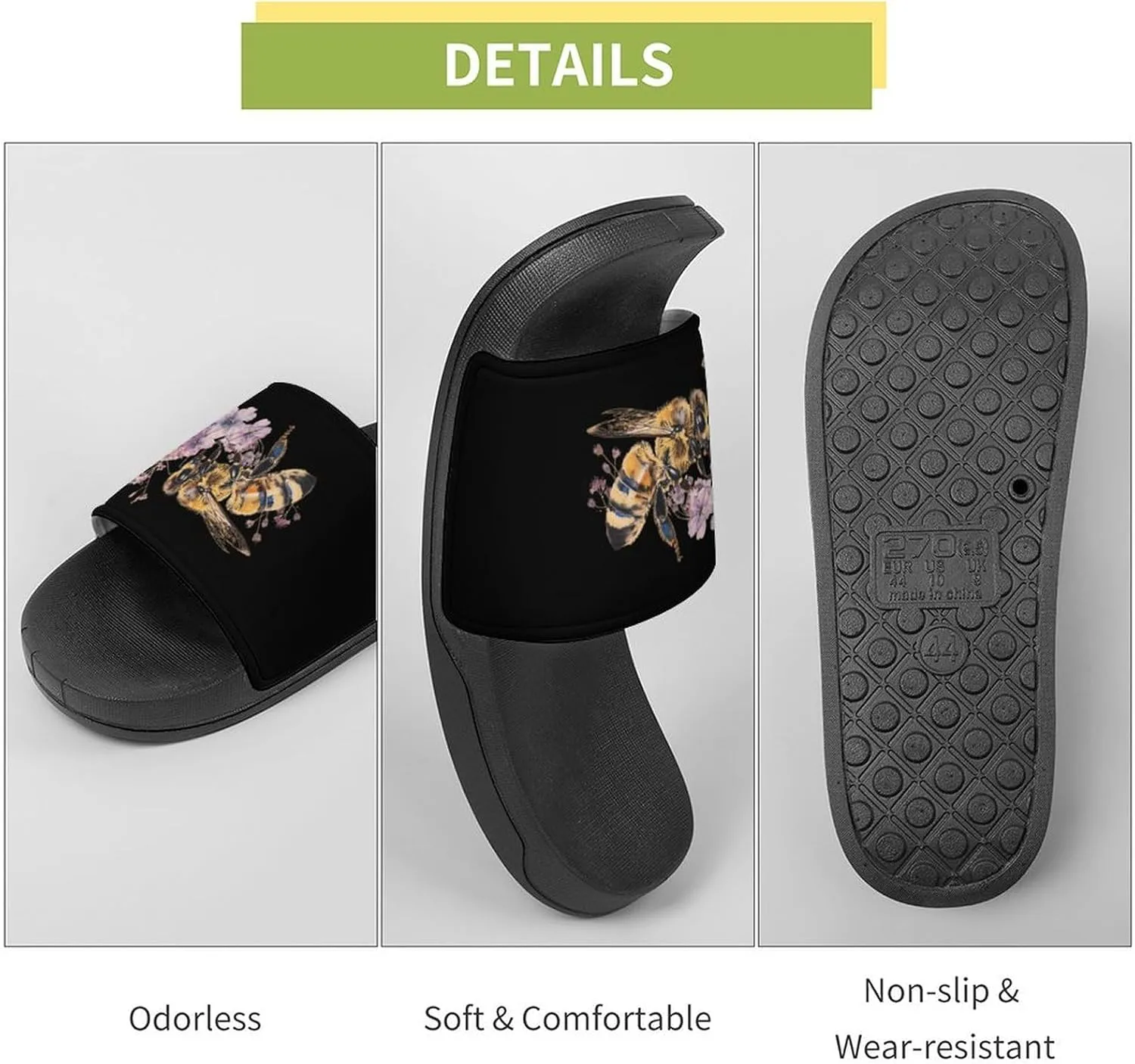 Honey Bee and Flowers Non Slip Slides Sandals for Women Men Quick Drying Shower Shoes for Bathroom Pool Beach