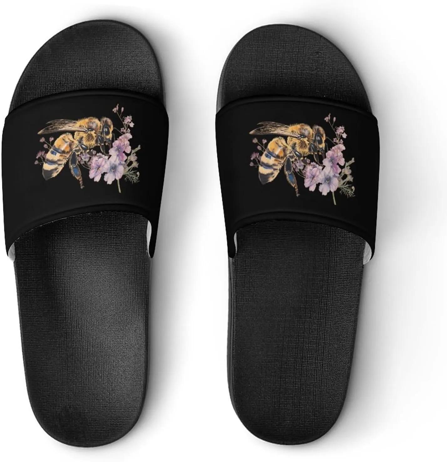 Honey Bee and Flowers Non Slip Slides Sandals for Women Men Quick Drying Shower Shoes for Bathroom Pool Beach