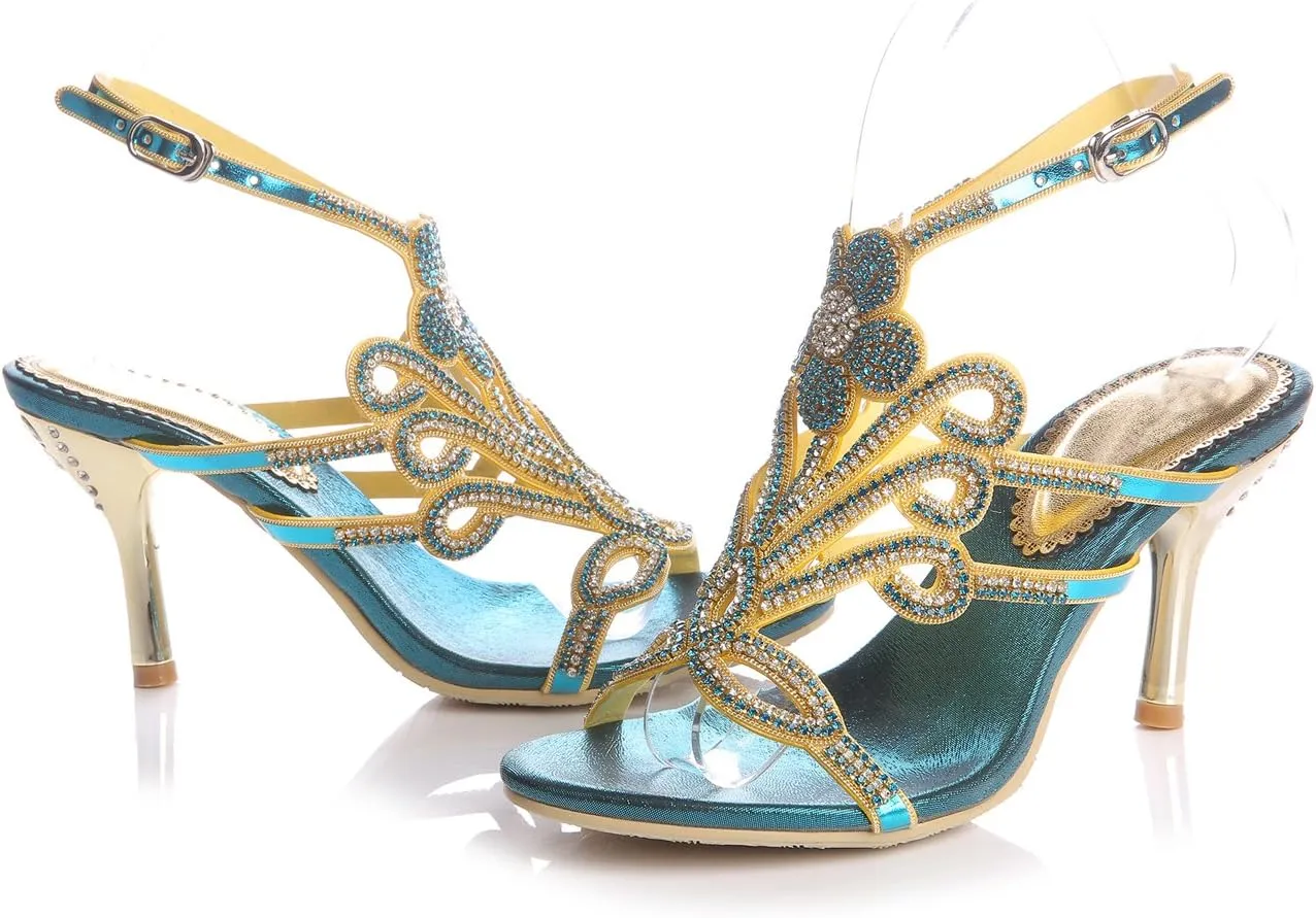 Honeystore Women's Peacock Shaped Pattern Handmade Rhinestone Sandals