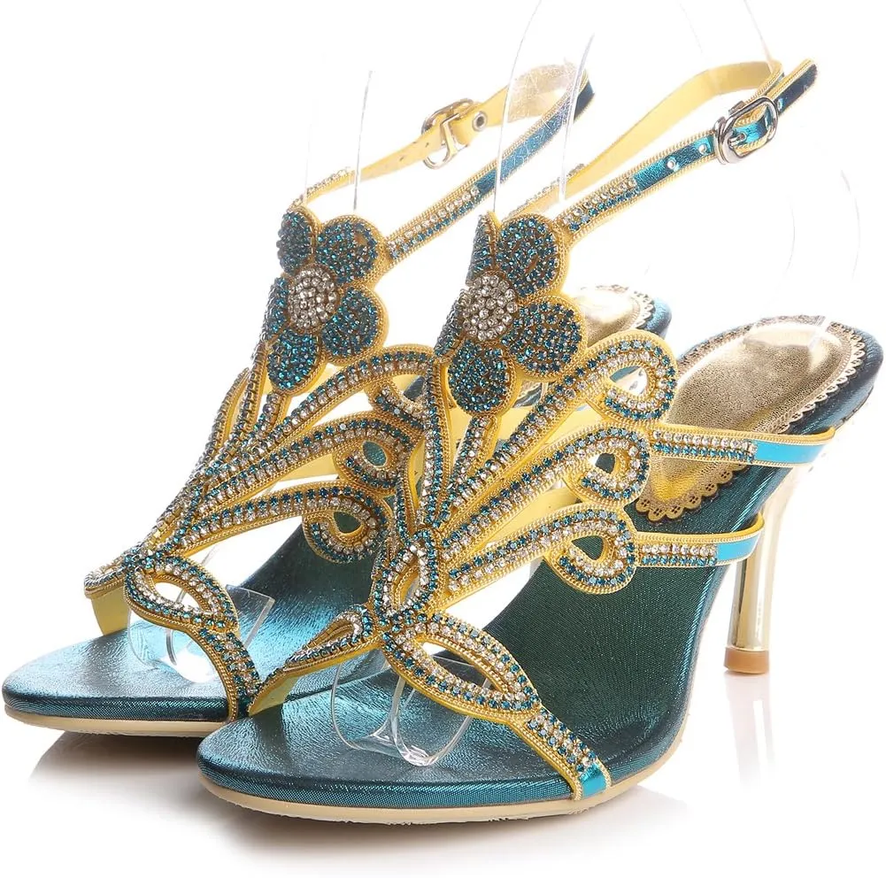 Honeystore Women's Peacock Shaped Pattern Handmade Rhinestone Sandals