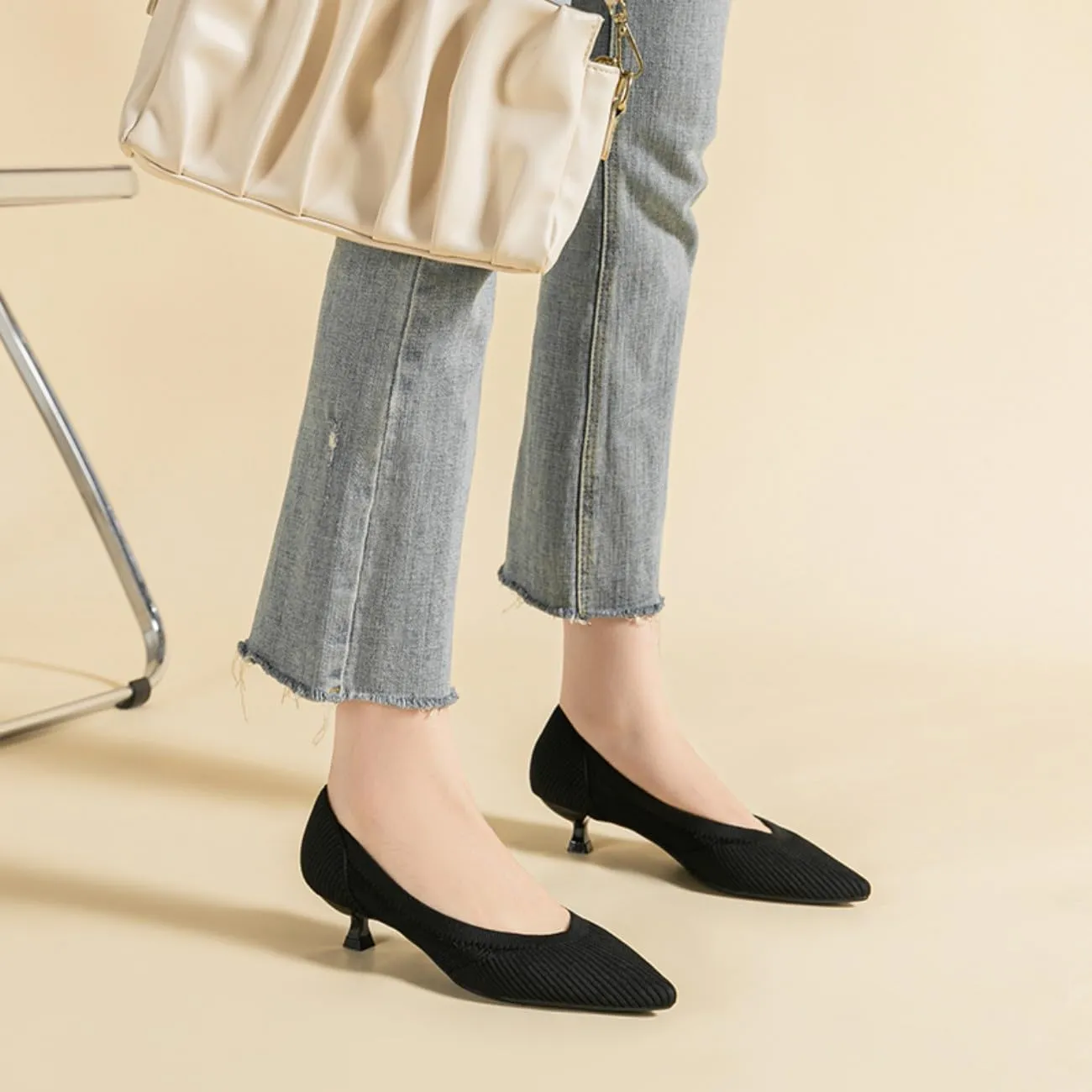 HROYL Women's Knit Pumps Kitten Heels Pointed Toe Slip On Comfortable Casual Formal Dress Shoes