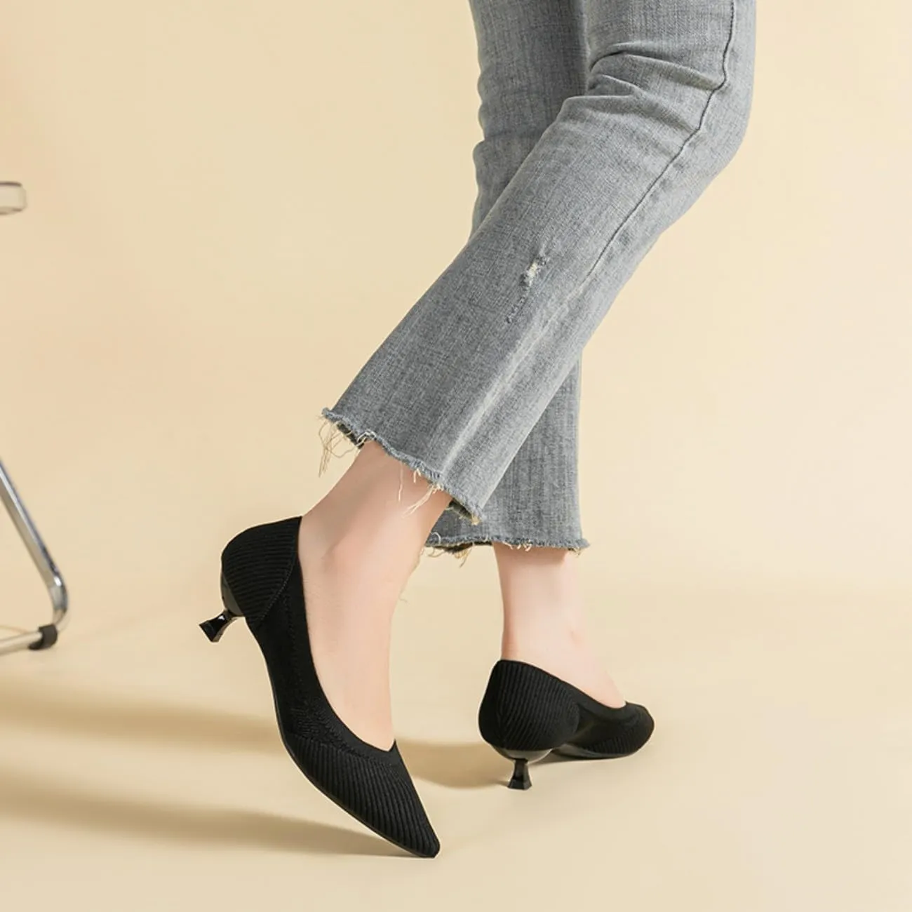 HROYL Women's Knit Pumps Kitten Heels Pointed Toe Slip On Comfortable Casual Formal Dress Shoes
