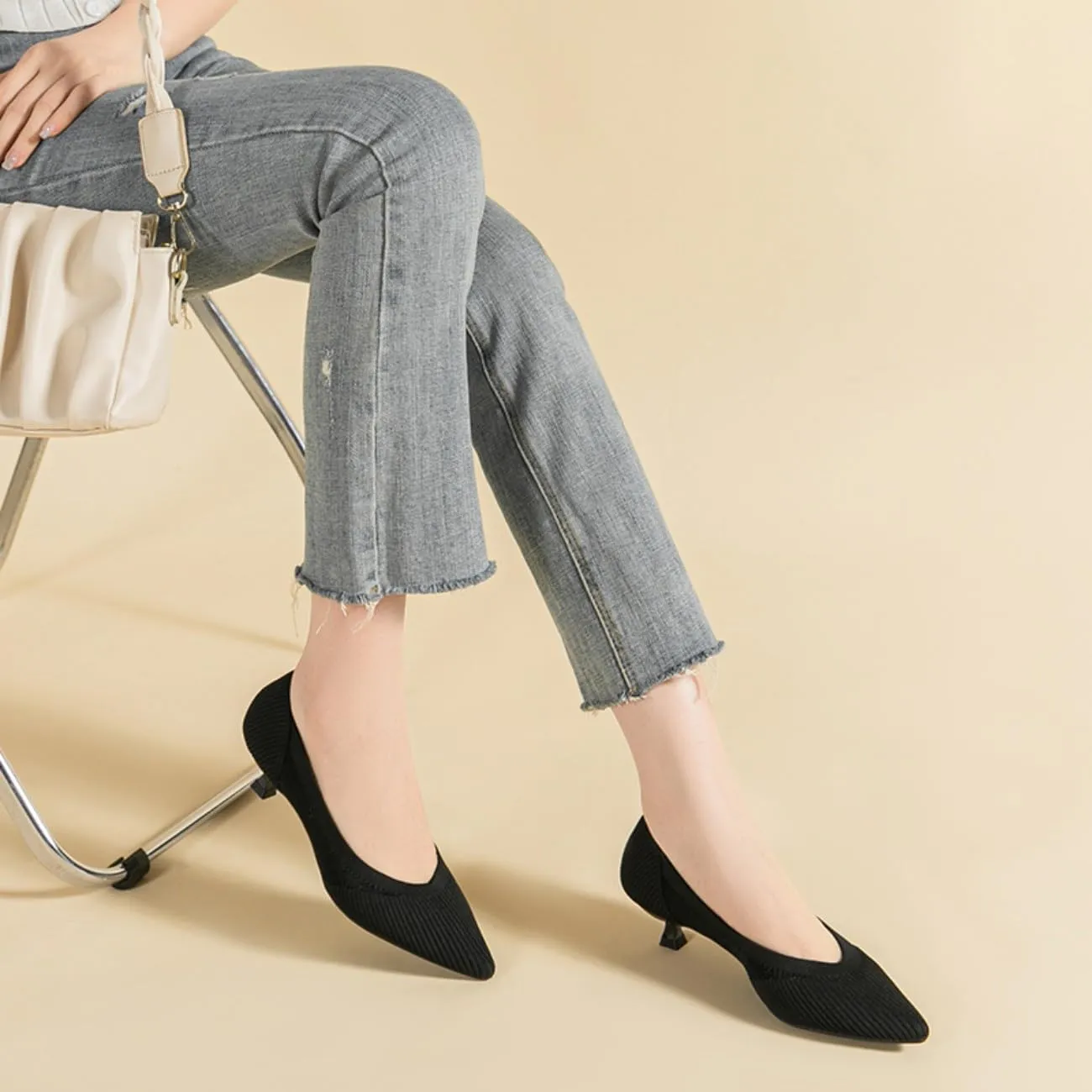 HROYL Women's Knit Pumps Kitten Heels Pointed Toe Slip On Comfortable Casual Formal Dress Shoes