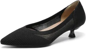 HROYL Women's Knit Pumps Kitten Heels Pointed Toe Slip On Comfortable Casual Formal Dress Shoes